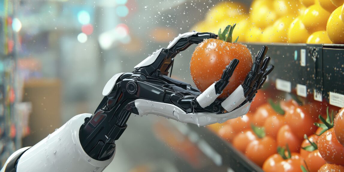 Close Up Of Robotic Arm Handling Fresh Produce. Real Photo 11b