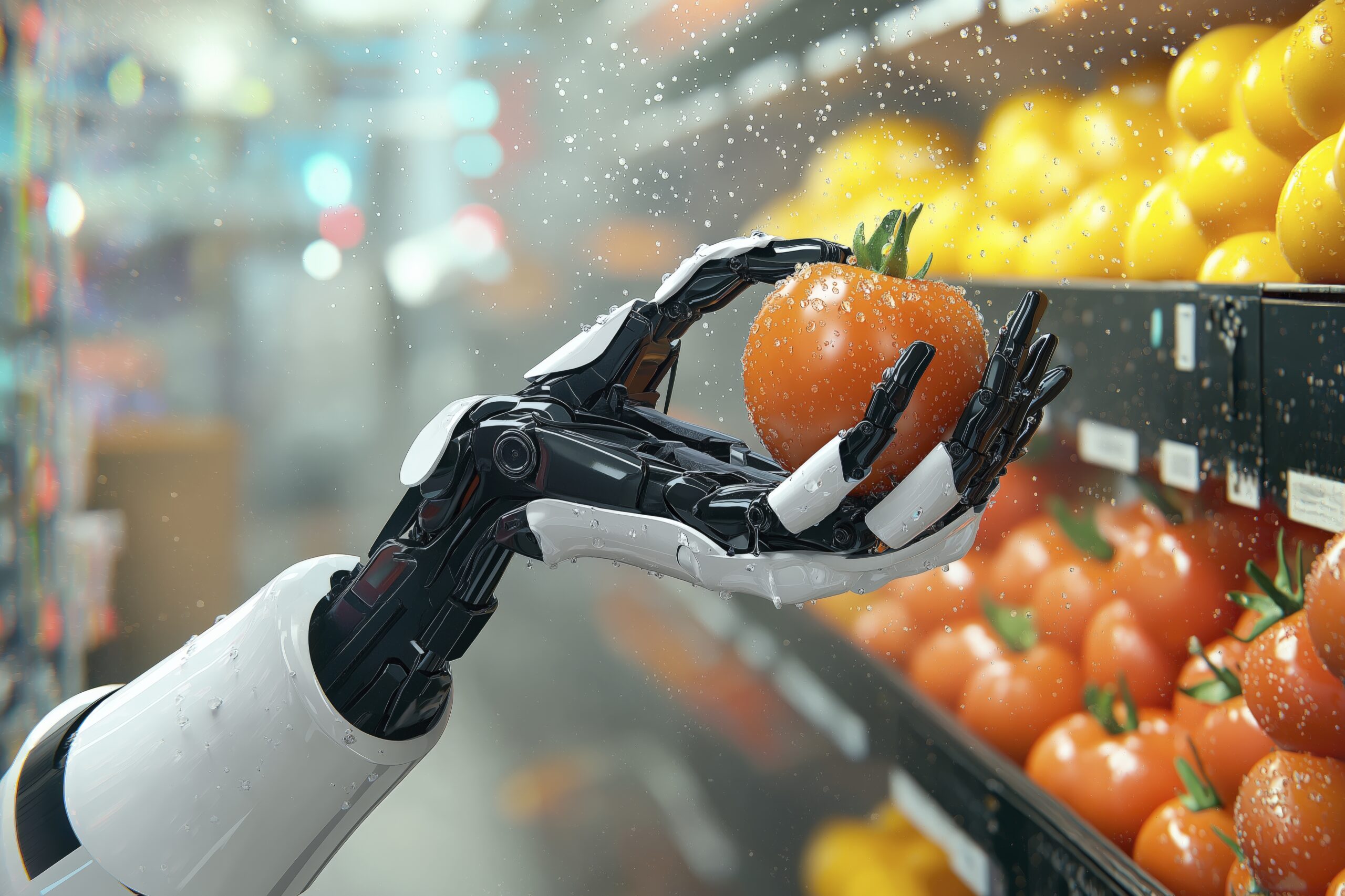 Close Up Of Robotic Arm Handling Fresh Produce. Real Photo 11b